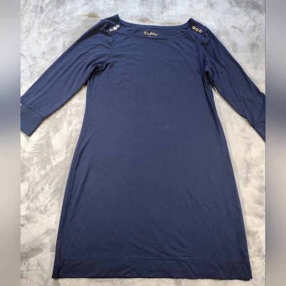 Lilly Pulitzer women navy Blue Sophie boat neck dress gold buttons Stretch L - Picture 1 of 7